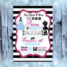 Load image into Gallery viewer, Princess or Pirate Birthday  invitation, princess pirate invite. Birthday party cana be for twins, Invitation,  royalty Birthday, digital