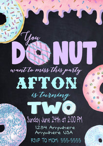 Donut Birthday Party Invitations, Purple, Teal, Glitter, DONUT Birthday invites, Matching Birthday Chalkboard Available!  Digital file