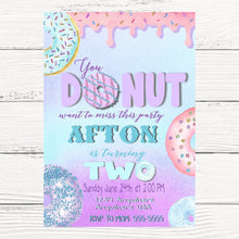 Load image into Gallery viewer, Donut Birthday Party Invitations, Purple, Teal, Glitter, DONUT Birthday invites, Matching Birthday Chalkboard Available!  Digital file