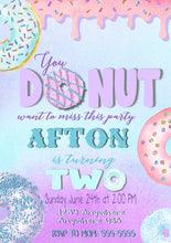 Load image into Gallery viewer, Donut Birthday Party Invitations, Purple, Teal, Glitter, DONUT Birthday invites, Matching Birthday Chalkboard Available!  Digital file