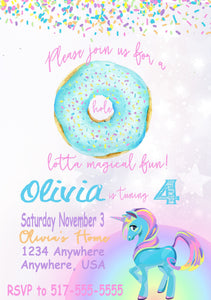 Unicorn & Donut Birthday Party Invitations, Purple, Teal, Glitter, DONUT Birthday invites, Magical Birthday Invitations Digital file