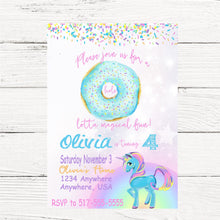 Load image into Gallery viewer, Unicorn &amp; Donut Birthday Party Invitations, Purple, Teal, Glitter, DONUT Birthday invites, Magical Birthday Invitations Digital file