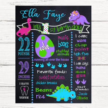 Load image into Gallery viewer, Girls Birthday DInosaur ChalkBoard |  Dino first Chalk Board | Milestone Sign | Stats Sign | Any Age | Digital Printable Size 16x20