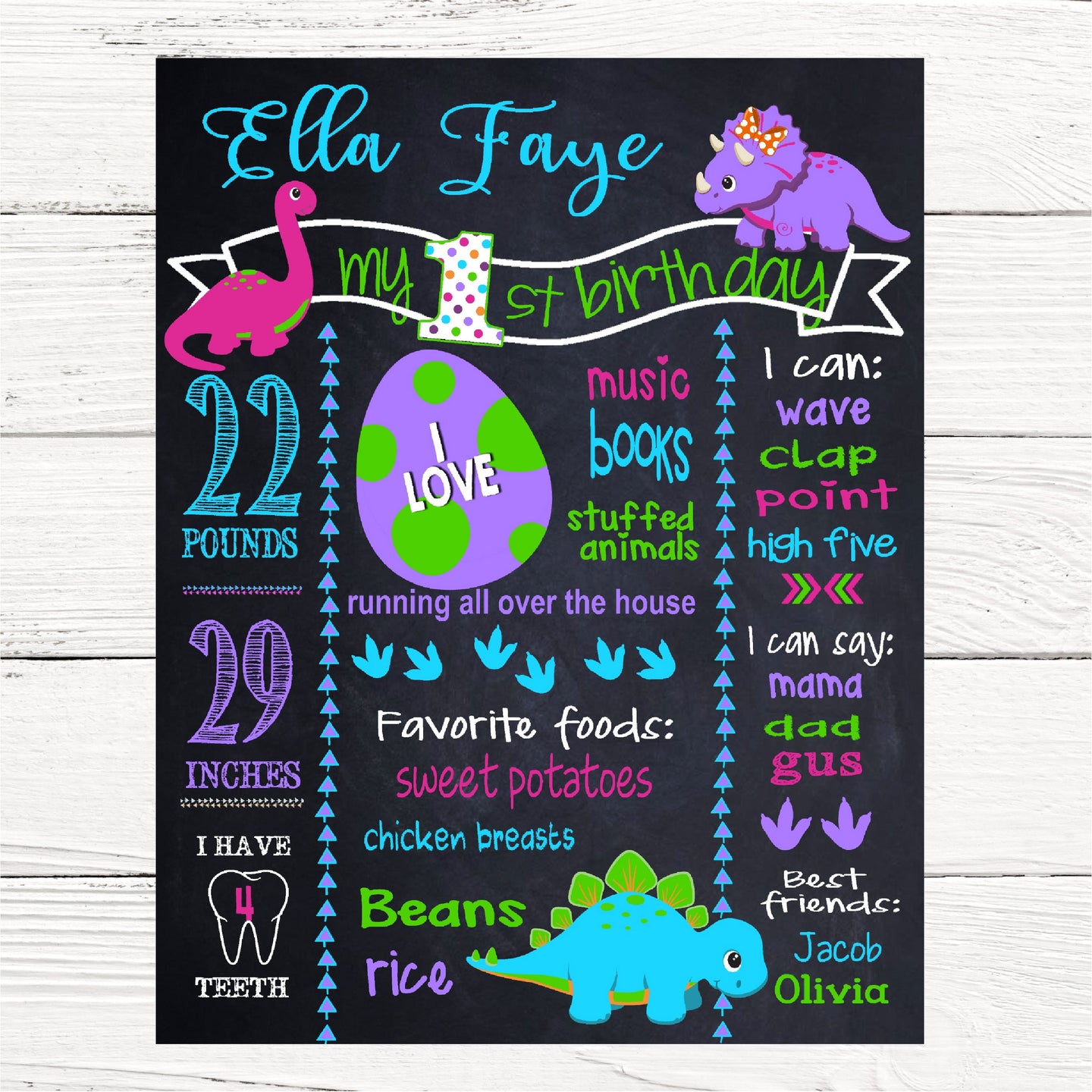 Girls Birthday DInosaur ChalkBoard |  Dino first Chalk Board | Milestone Sign | Stats Sign | Any Age | Digital Printable Size 16x20