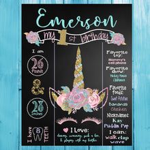 Load image into Gallery viewer, Unicorn birthday sign, pink and gold first birthday chalkboard printable, birthday stats poster download, 1st birthday chalkboard sign, cake