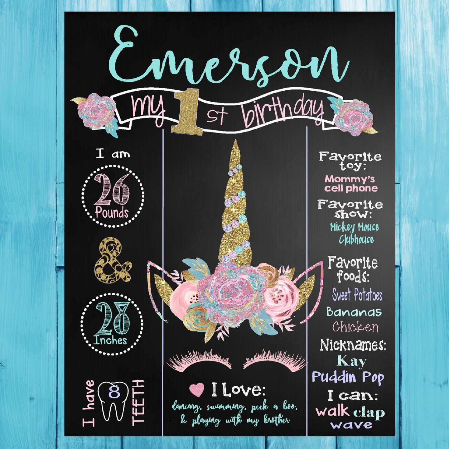 Unicorn birthday sign, pink and gold first birthday chalkboard printable, birthday stats poster download, 1st birthday chalkboard sign, cake