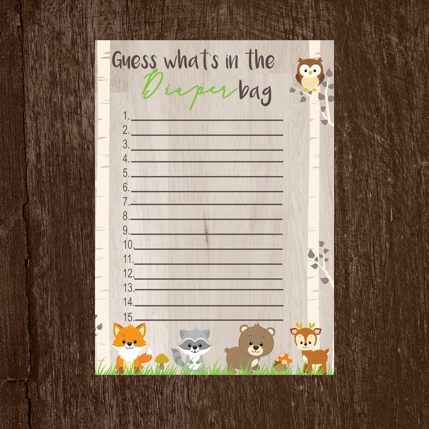 Woodland Animal Whats in the Diaper Bag Game | Baby Animal Diaper Game | Forest Animals Baby Shower game | Baby  Woodland | Instant Download