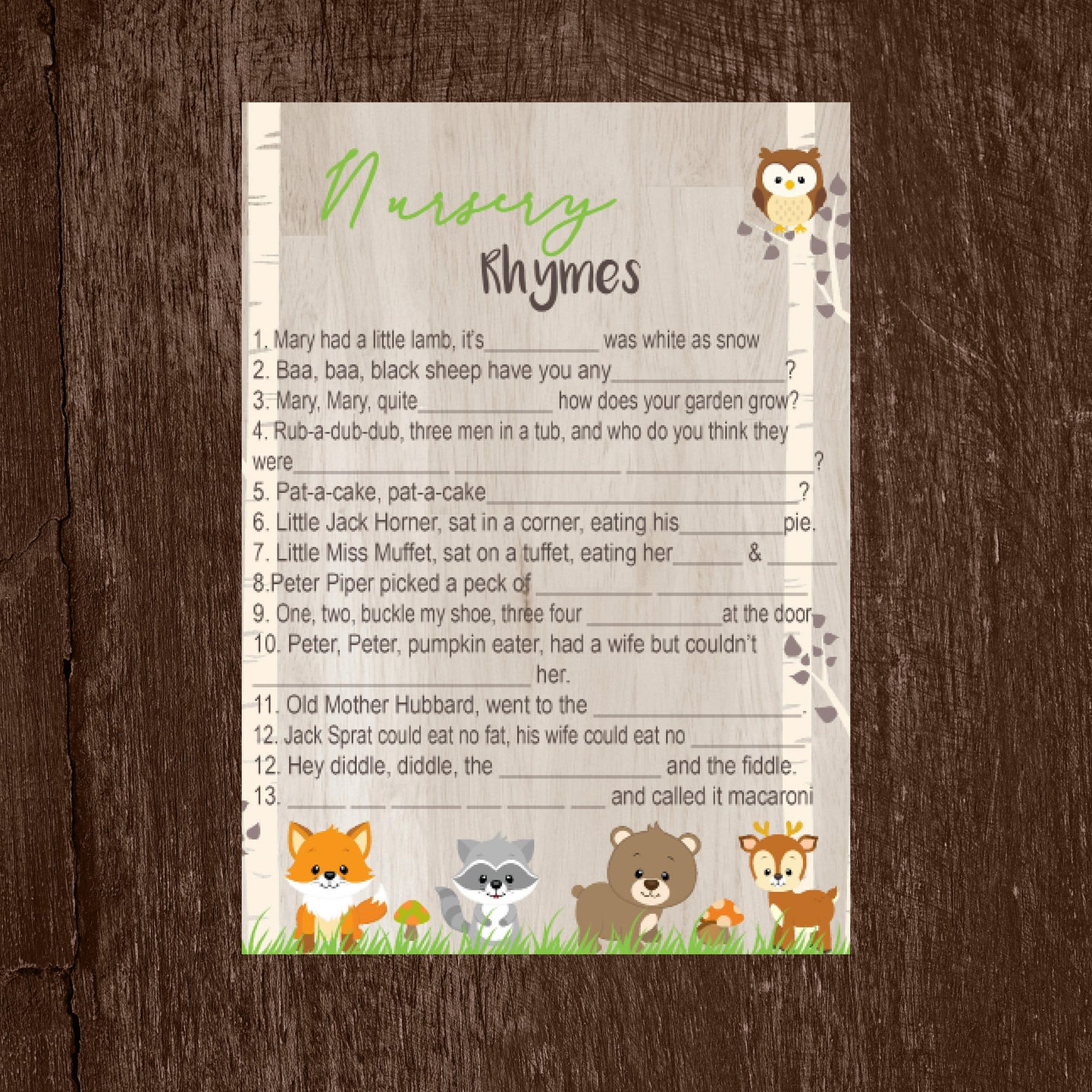 Woodland Animal Baby Nursery rhymes Game | Baby Shower Nursery  Game | Forest Animals Baby Shower game | Baby  Woodland | Instant Download