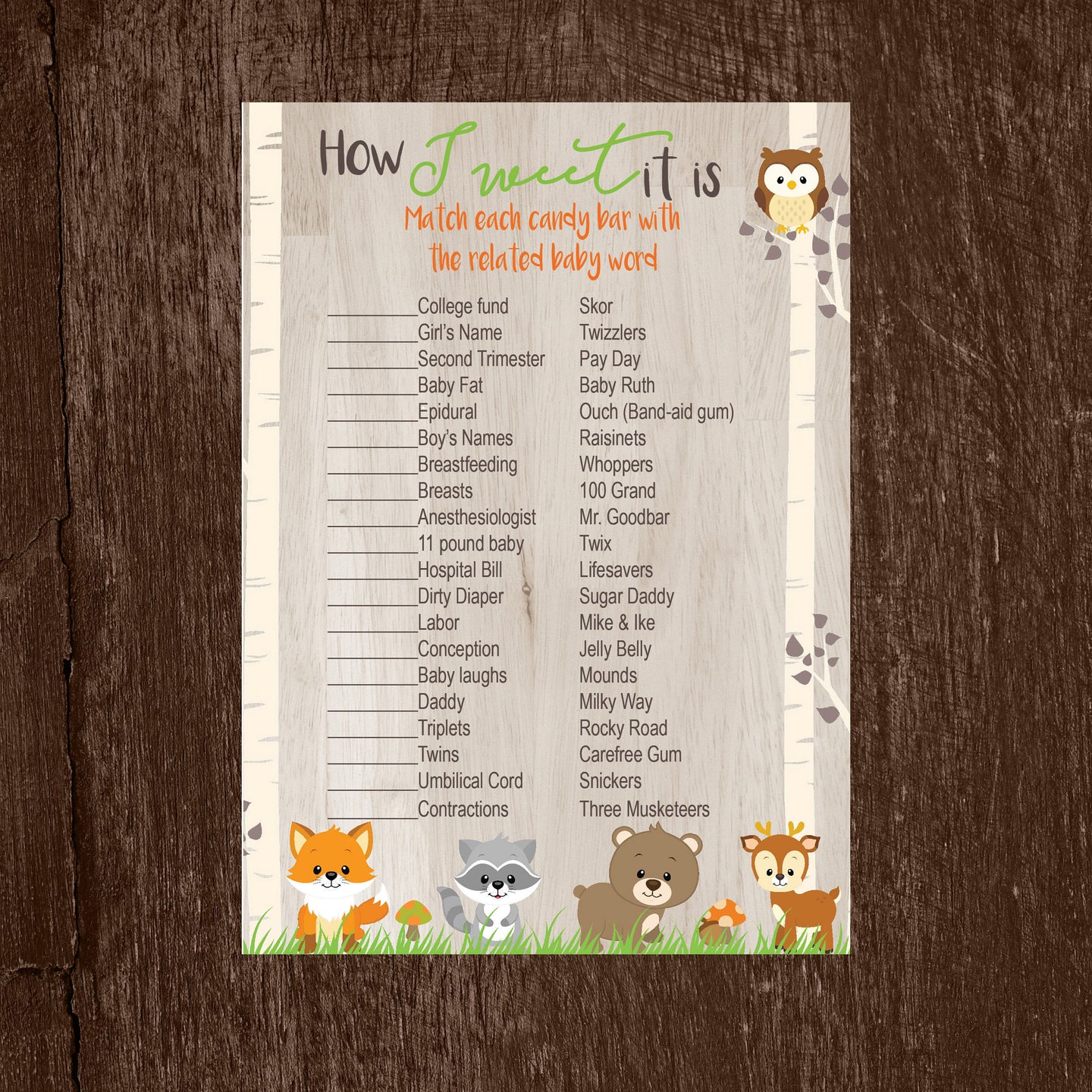 Woodland Animal Baby Candy Bar Game | Baby Shower  How Sweet it is Game | Forest Animals Baby Shower game |  Woodland | Instant Download