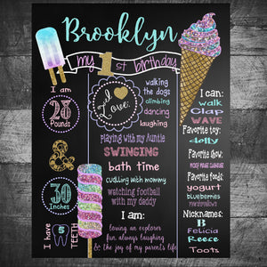 Ice Cream  Birthday board, Birthday chalkboard sign, First Birthday, Personalized Chalk Board, Poster  Sign Printable Size 16x20 Photo Prop