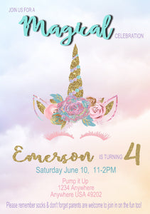 Birthday Invitation Unicorn head ,  Printable digital Purple Teal, pink, glitter, invite, shower, unicorns birthday party, birthday invites