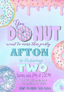 Donut Birthday Party Invitations, Purple, Teal, Glitter, DONUT Birthday invites, Matching Birthday Chalkboard Available!  Digital file