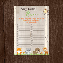 Load image into Gallery viewer, Woodland Animal Baby Name Race Game | Baby Shower Name Race Game | Forest Animals Baby Shower game | Baby  Woodland | Instant Download