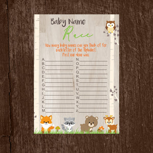 Woodland Animal Baby Name Race Game | Baby Shower Name Race Game | Forest Animals Baby Shower game | Baby  Woodland | Instant Download