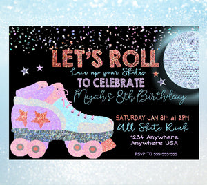 Roller Skating Birthday Invitation, Skating Party, Glitter Roller skates, 80's Party. Disco ball, Skate Party, skating invite, Printable