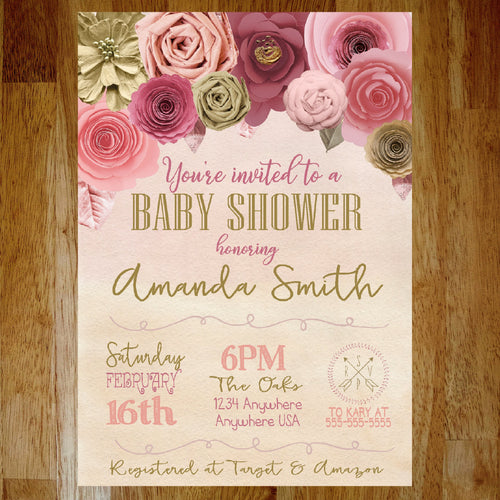 Flower Baby Shower Invitation | Paper Flower Floral Baby Shower Invite | Baby Girl Shower Invite | Bridal SHower | Coral Pink Paper flower
