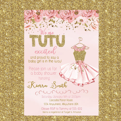 Ballerina Baby Shower Invitation, Tutu Invitation, Tutu Baby Shower Invitation, Pink and Gold Girl Baby Shower Invite, Ballerina invitation