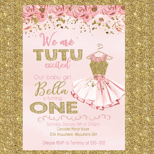 Ballerina Birthday Invitation, Tutu Invitation, Tutu Birthday party Invitation, Pink and Gold Girl Birthday Invite, Ballerina invitation