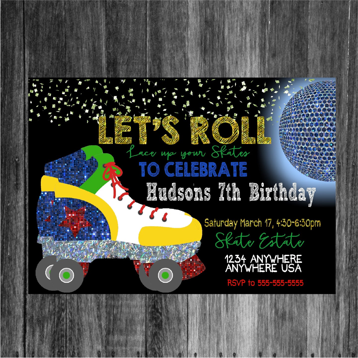Roller Skating Invitation, Boys Skating Party, Neon Skate, Disco ball, Skate Party, Roller skating Birthday Party. skating invite Printable,