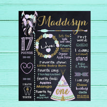 Load image into Gallery viewer, Tribal BIRTHDAY Board, pow wow chalkboard, Tribal, teepee dream catcher First birthday sign, Teal Purplre Digital photo prop chalkboard
