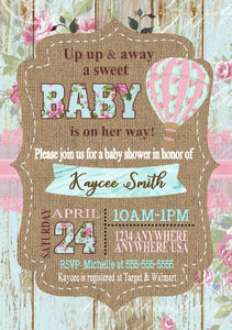 Shabby Chic BABY SHOWER Hot air Balloon Invitation, Rose Floral, Rustic, Wood  Baby Shower Invite, Vintage Baby shower, Up up Away Burlap