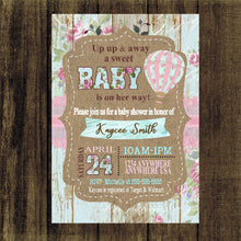 Load image into Gallery viewer, Shabby Chic BABY SHOWER Hot air Balloon Invitation, Rose Floral, Rustic, Wood  Baby Shower Invite, Vintage Baby shower, Up up Away Burlap