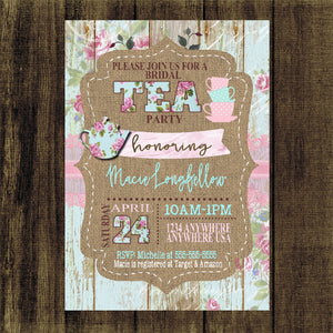 Shabby Chic Bridal  SHOWER  Tea Invitation, Rose Floral, Rustic, Wood  Bridal Shower Invite, Vintage Bridal shower, High Tea Party  Burlap