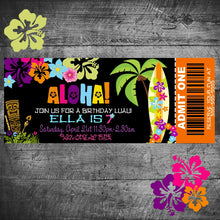 Load image into Gallery viewer, Hawaiian Birthday Invitation, Pineapple Luau Party Invitation, Ticket Invitation,  Hawaiian Luau Birthday Invitation, Hawaiian invite