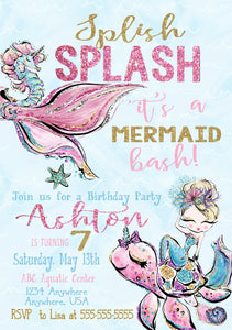 Birthday Party Invitations, Mermaid Birthday, Birthday Invites, Birthday Invitations, Mermaid Party, Under the Sea, Splish Splash, Mermaid