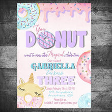 Load image into Gallery viewer, Unicorn &amp; Donut Birthday Invitations, Magical unicorn Glitter, DONUT Birthday invites, Magical Birthday Invitations Digital file