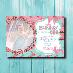 Bunny Birthday invitation, some bunny is one invite,  Easter Birthday, baby shower, Bunny , Birthday Invitation,  Shabby chic, Digital