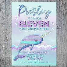 Load image into Gallery viewer, BABY SHOWER Narwhal invitation, Narwhal invite, Narwhal  Birthday, baby shower, Unicorn, Birthday Invitation,  Mint green Purple, Printable