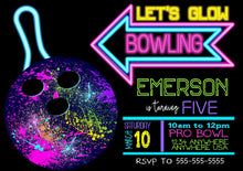Load image into Gallery viewer, Neon Glow Bowling Birthday invitation, Bowling invitation, Neon, Bowling party invite, Bowling birthday, Bowl, Bowling Party Digital file
