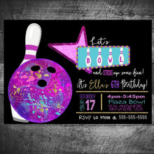 Load image into Gallery viewer, Bowling Birthday invitation Bowling Party invitation Bowling Invitation Strike Bowling Party Bowling Party Girl  Bowling invite gltter