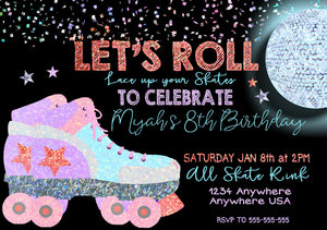 Roller Skating Birthday Invitation, Skating Party, Glitter Roller skates, 80's Party. Disco ball, Skate Party, skating invite, Printable