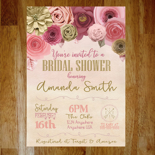 Flower Bridal Shower Invitation | Paper Flower Floral Baby Shower Invite | Baby Girl Shower Invite | Bridal SHower | Coral Pink Paper flower
