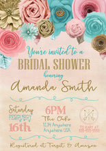 Load image into Gallery viewer, Flower Bridal Shower Invitation | Paper Flower Floral Baby Shower Invite | Baby Girl Shower Invite | Bridal SHower | Coral Pink Mint flower