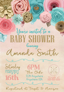 Flower Bridal Shower Invitation | Paper Flower Floral Baby Shower Invite | Baby Girl Shower Invite | Bridal SHower | Coral Pink Mint flower