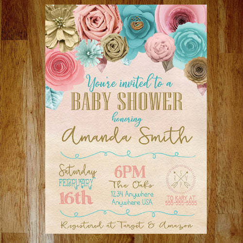 Flower Bridal Shower Invitation | Paper Flower Floral Baby Shower Invite | Baby Girl Shower Invite | Bridal SHower | Coral Pink Mint flower