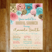 Load image into Gallery viewer, Flower Bridal Shower Invitation | Paper Flower Floral Baby Shower Invite | Baby Girl Shower Invite | Bridal SHower | Coral Pink Mint flower