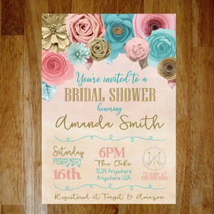 Flower Bridal Shower Invitation | Paper Flower Floral Baby Shower Invite | Baby Girl Shower Invite | Bridal SHower | Coral Pink Mint flower