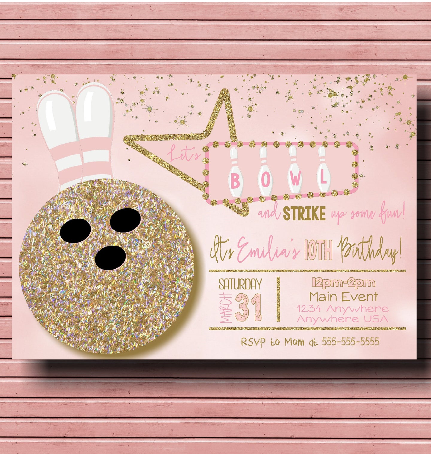 Girls Bowling Birthday invitation, Bowling invite, Pink Gold Girl, Bowling party invite, Bowling birthday, STRIKE,Bowling Party Digital file