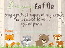 Load image into Gallery viewer, Woodland Animal Diaper raffle | Baby Animal Diaper raffle card | Forest Animals Baby Shower game | Diaper ticket Woodland | Instant Download