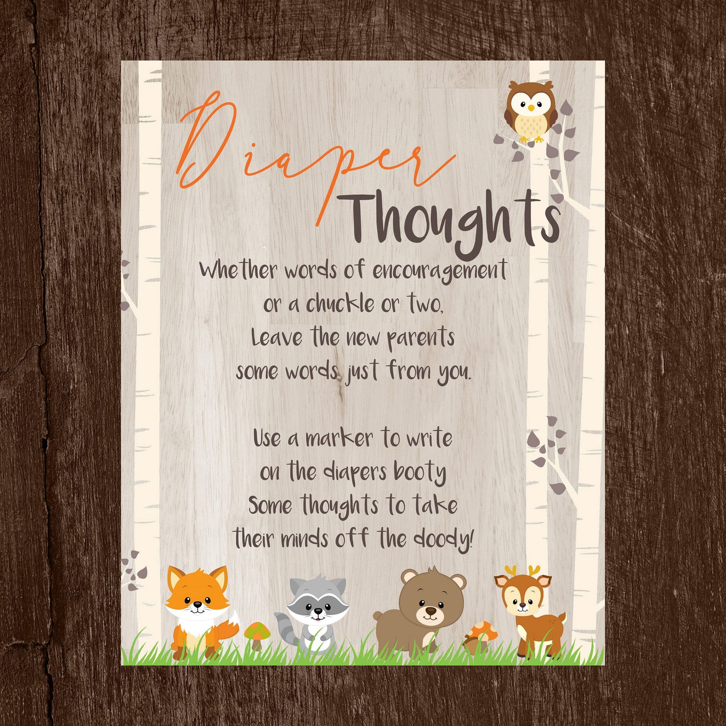 Woodland Animal Diaper thoughts game | Diaper thoughts game | Forest Animals Baby Shower game | Baby well wishes diaper  | Instant Download