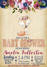 Load image into Gallery viewer, FOX INVITATION, Fox baby Shower invite,  Woodland Baby shower | Tribal Flower invitations | Watercolor invitations Fox Baby SHower