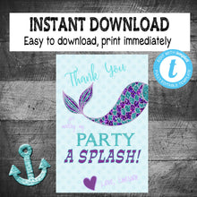 Load image into Gallery viewer, Mermaid Thank you| Edit Yourself Mermaid Thank you card | Mermaid Party | Instant download | Chalk Glitter Purple Teal  | INSTANT DOWNLOAD