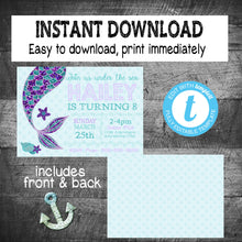 Load image into Gallery viewer, Mermaid Invitation  Thank you| Edit Yourself Mermaid Invite and Thank you card | Mermaid Party | Invite |Purple Teal  | INSTANT DOWNLOAD