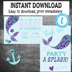 Mermaid Invitation  Thank you| Edit Yourself Mermaid Invite and Thank you card | Mermaid Party | Invite |Purple Teal  | INSTANT DOWNLOAD