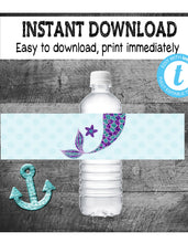 Load image into Gallery viewer, Mermaid Water BOTTLE  Label | Edit Yourself Mermaid Water Bottle Label | Mermaid First  Birthday  | Purple Teal  | INSTANT DOWNLOAD