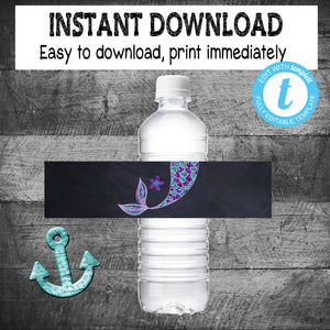 Mermaid Water Label | Edit Yourself Mermaid Water Bottle Label | Mermaid First  Birthday  | Purple Teal  | INSTANT DOWNLOAD
